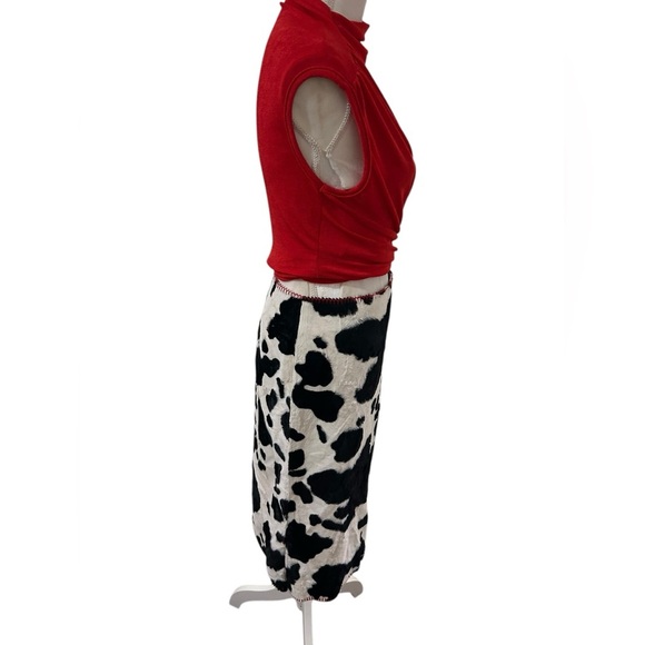 Vintage y2k designer Red and Black Cow Print fur midi pencil Skirt Size 4 - Picture 6 of 9